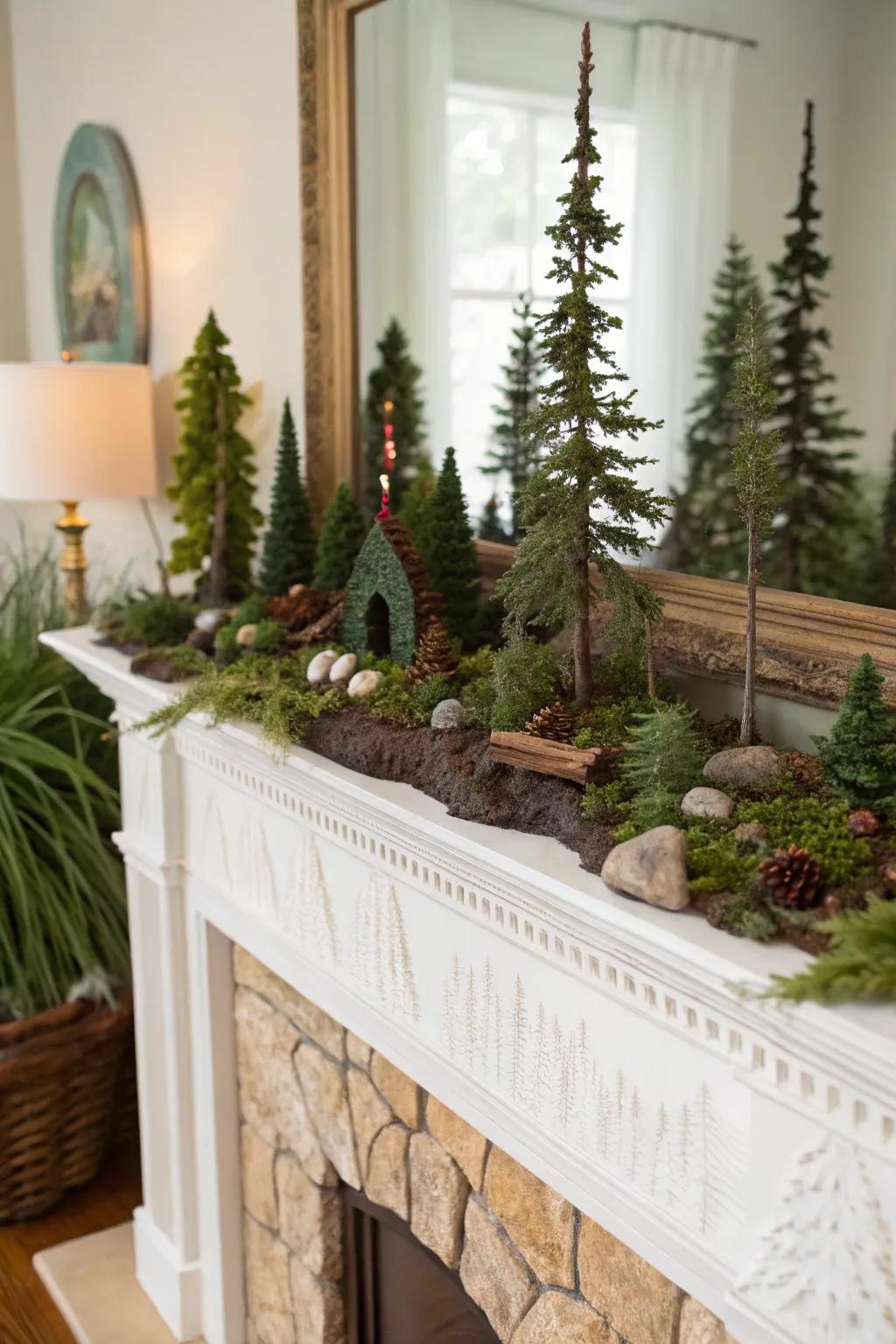 A whimsical fall mantel with a mini woodland scene.