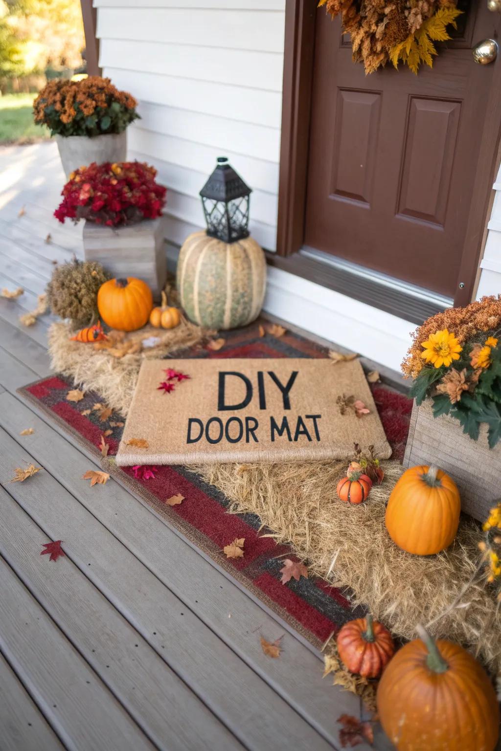 A bespoke entrance runner adds a personal and welcoming touch to the fall arrangement.