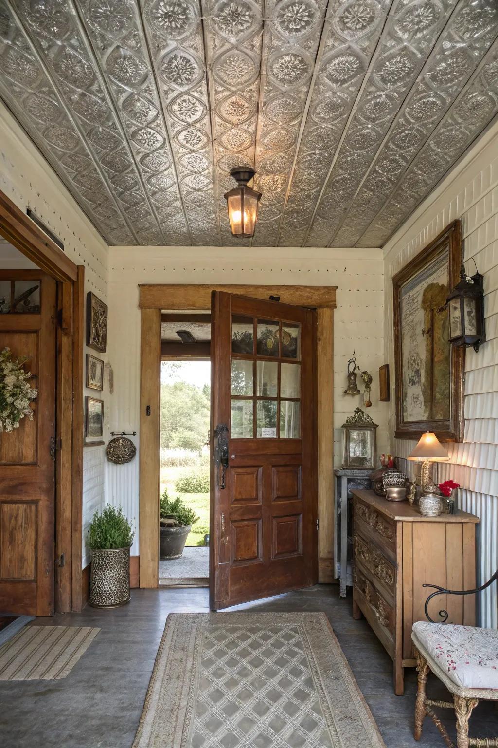 Metal ceiling squares lend nostalgia and elegance to this farmhouse entryway ceiling.