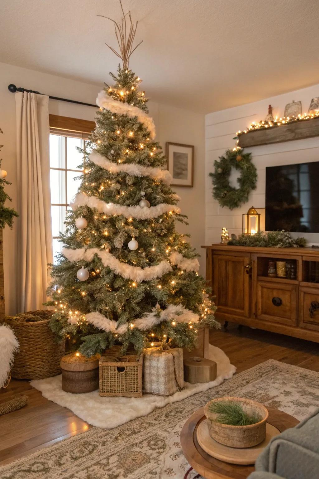 Imitation fur details introduce a touch of luxury to this welcoming tree.