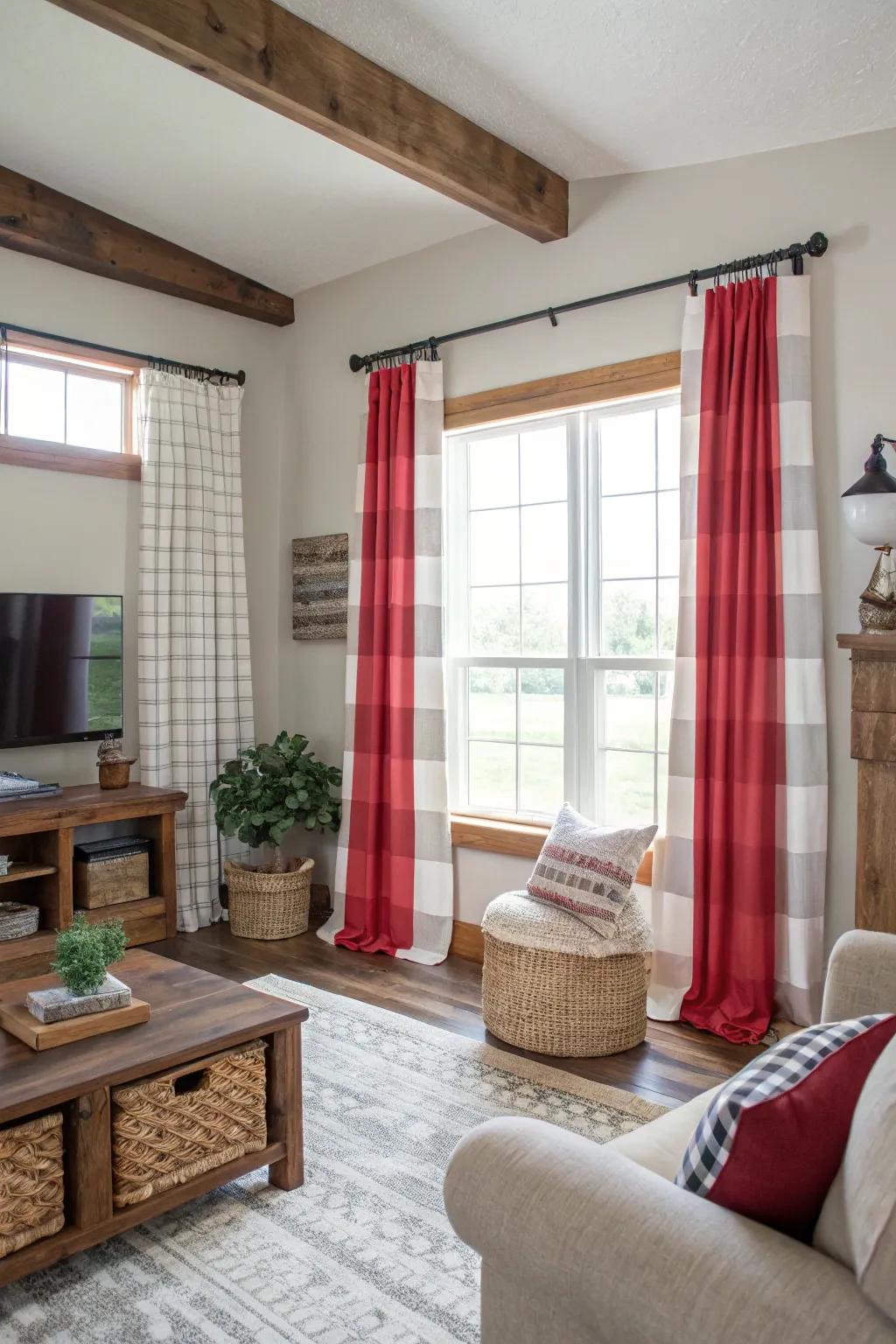 Bold accent window coverings adding a modern twist to a farmhouse living room.
