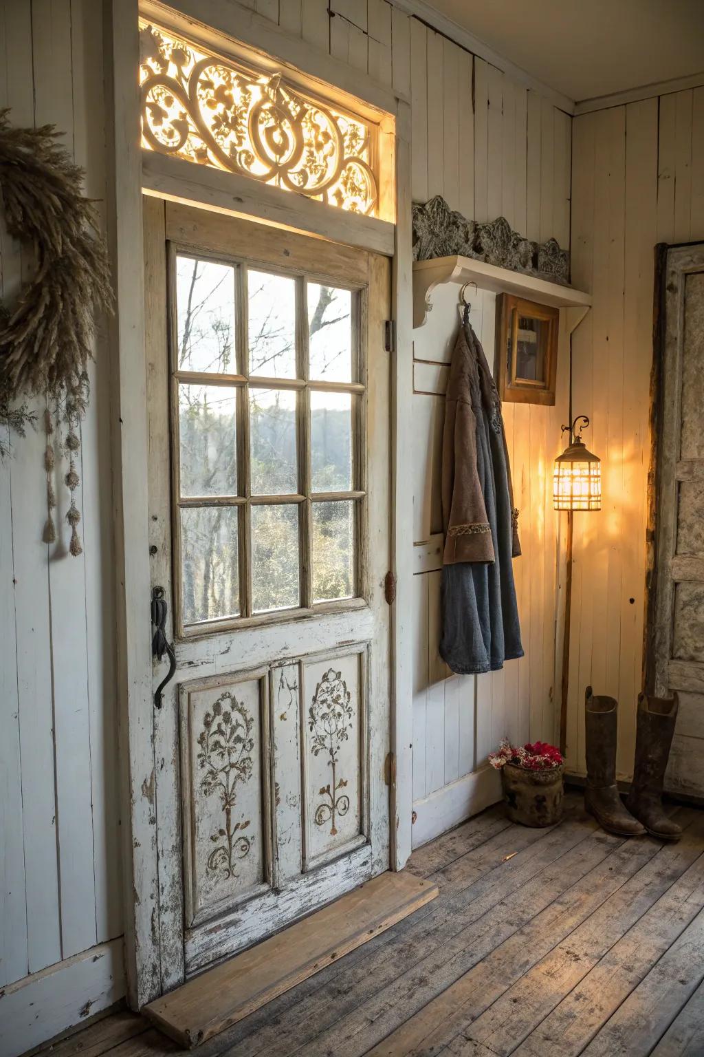 A countryside entryway featuring distinct window casing decor.