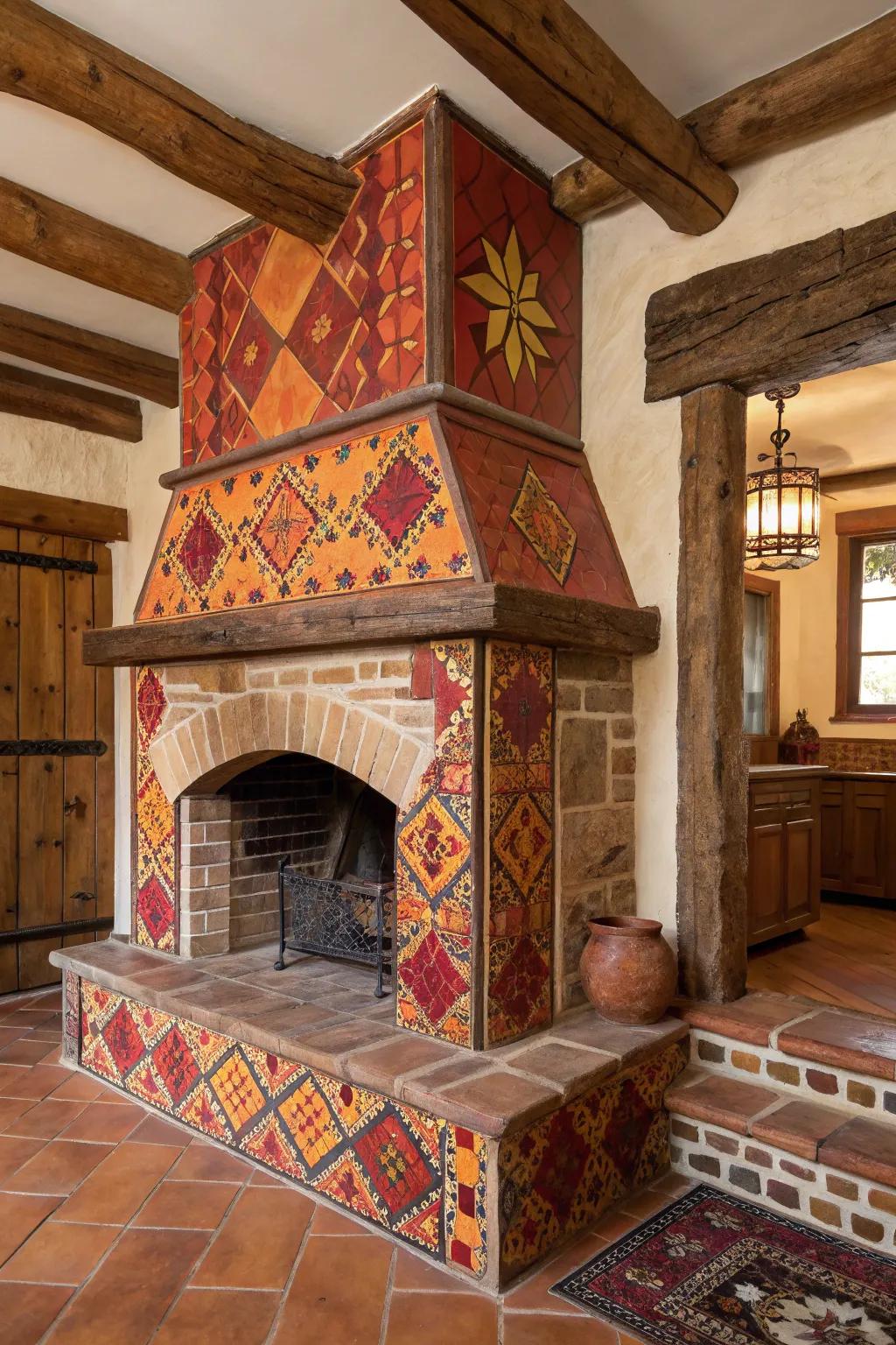 Southwest-inspired tones contributing flair to a farmhouse fireplace.