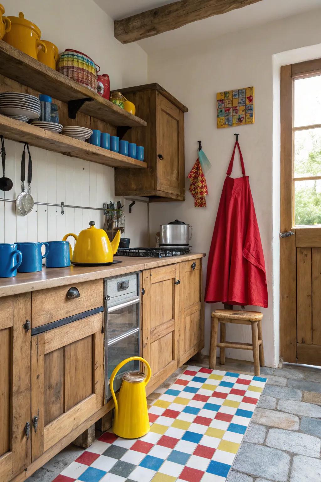 Unexpected color pops bringing vitality to a farmhouse cooking area design.
