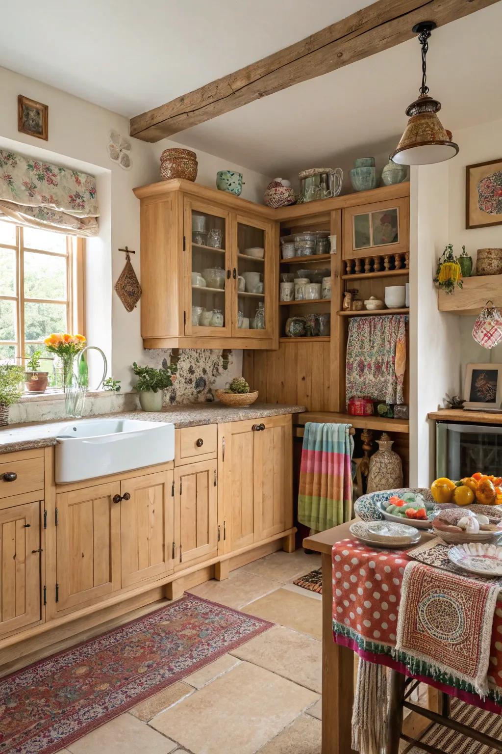 Eclectic decor injects personality into a cooking space with pale timber cabinetry.