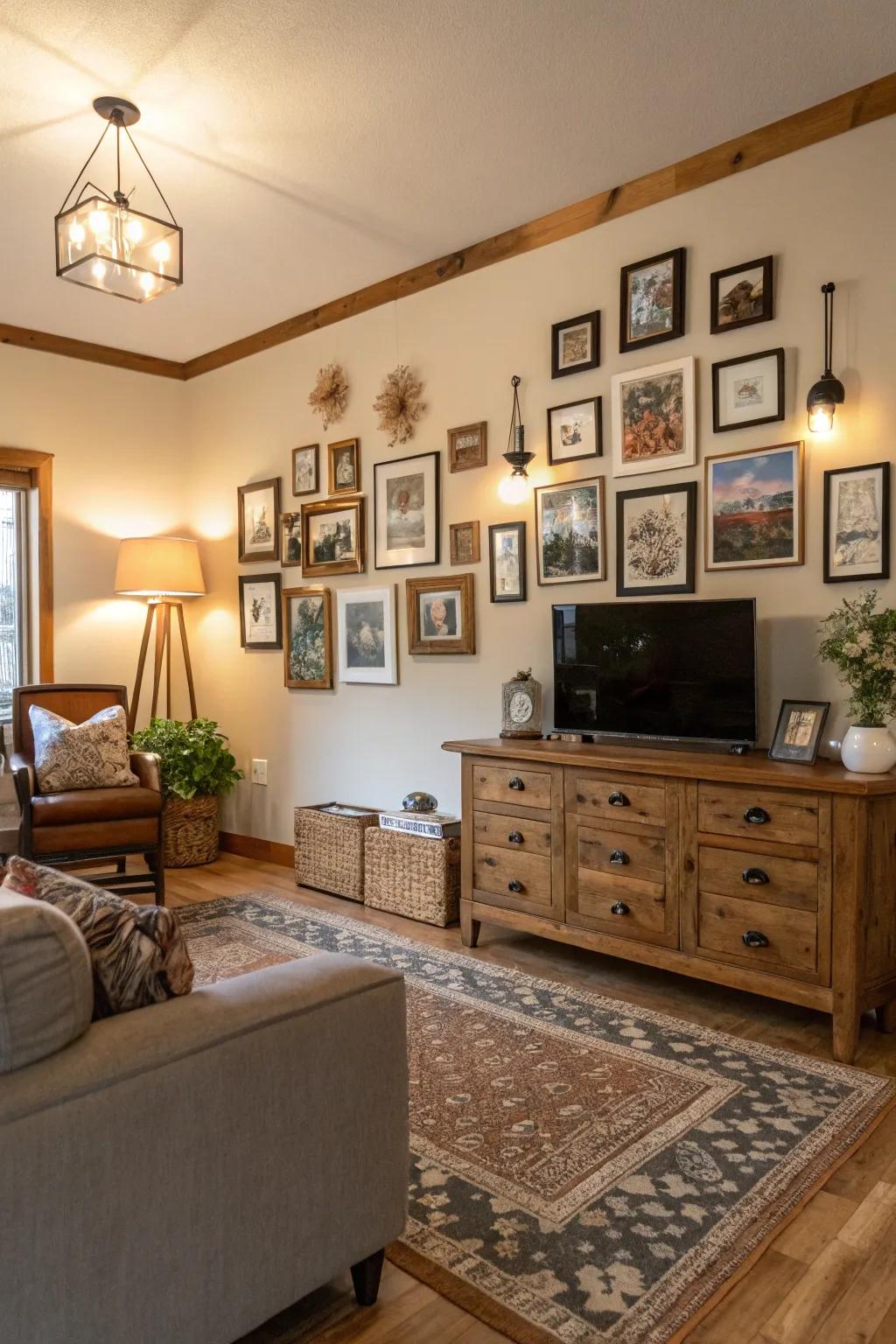 A gallery wall adds character and personalization to this farmhouse living space.