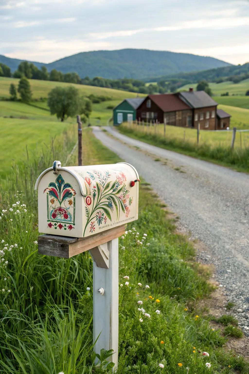 A hand-painted design turns this farmhouse mailbox into a unique expression of art.