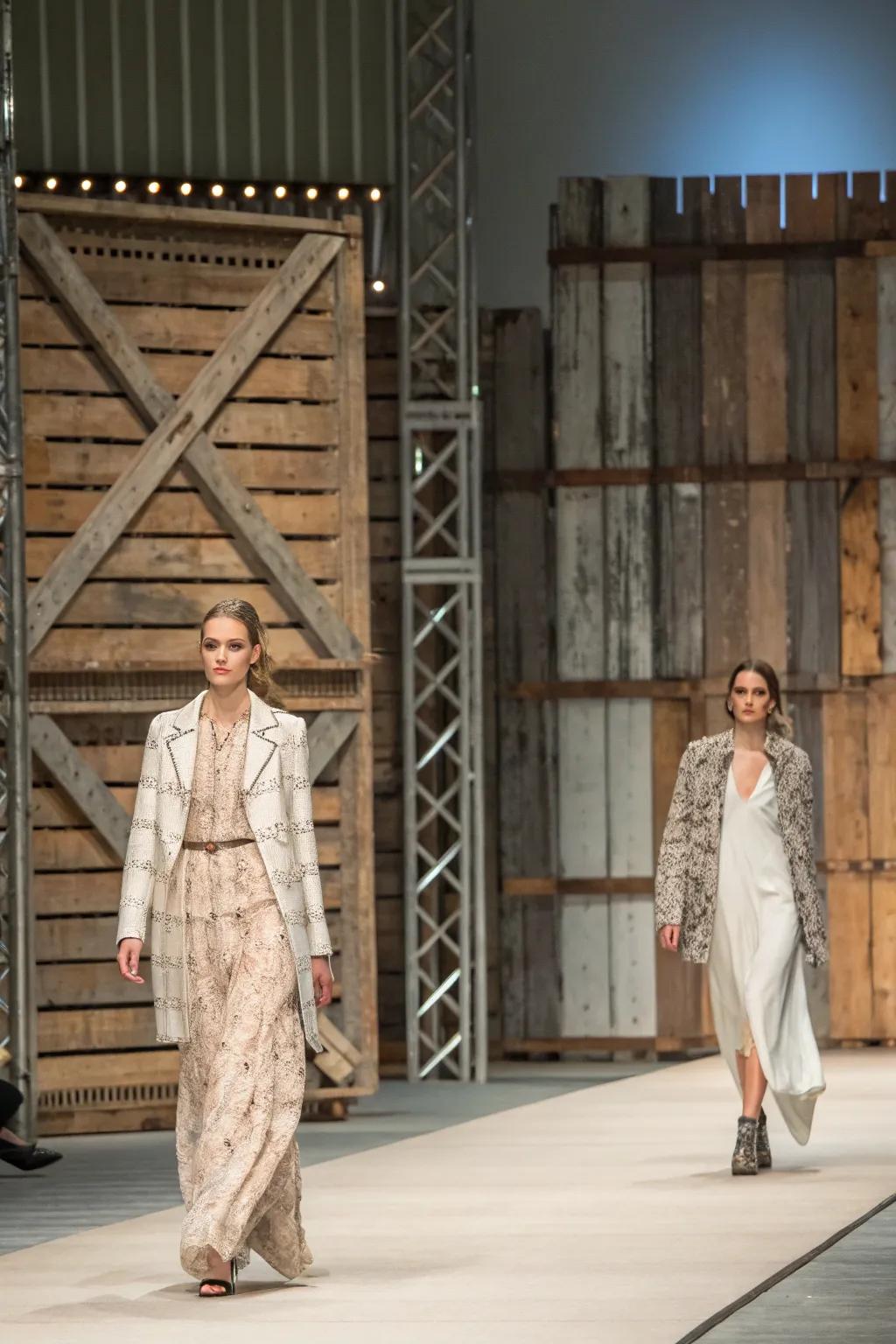 Textured backdrops of wood and metal add depth to the fashion runway.