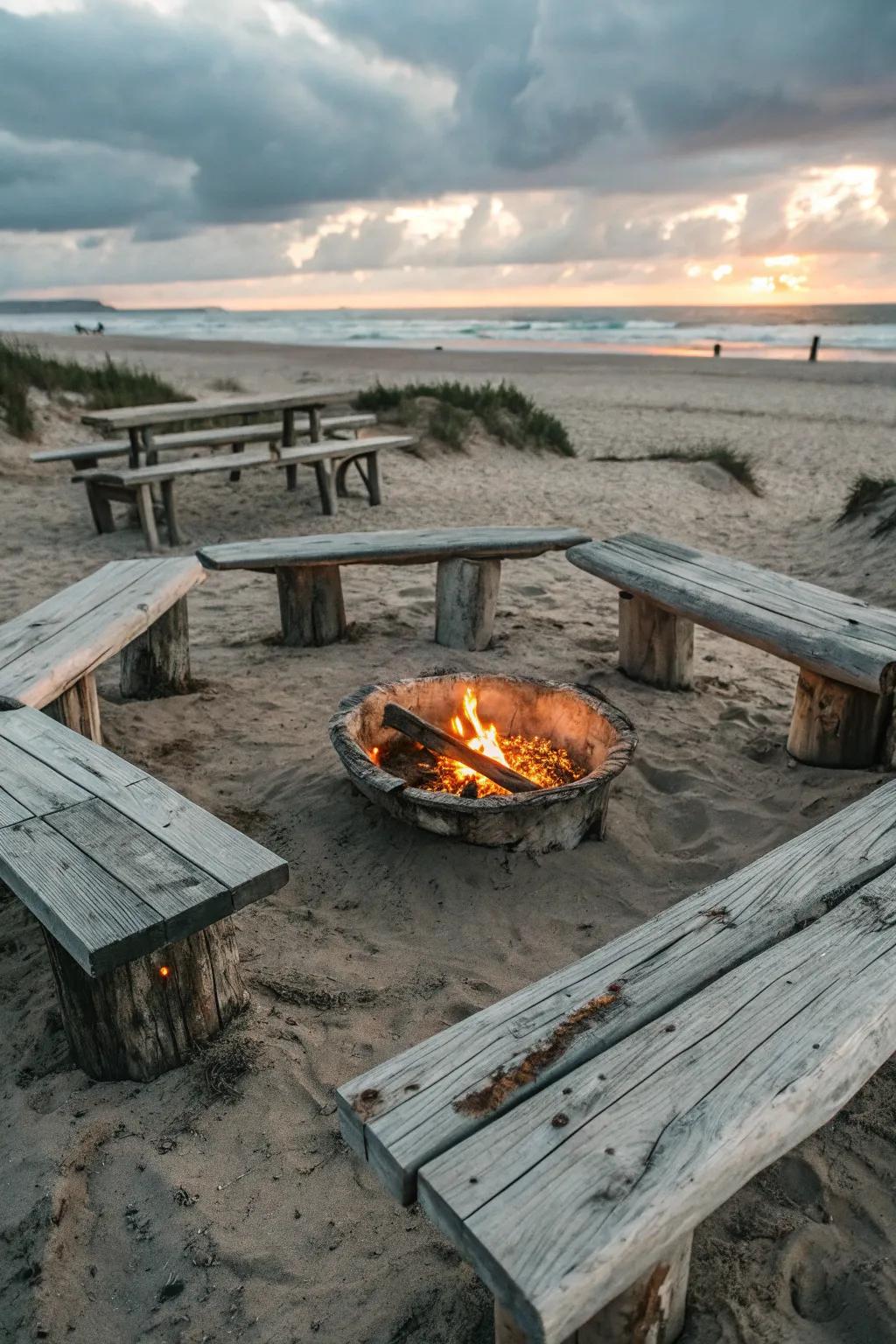 Driftwood benches add a relaxed, beach-inspired touch to the fire pit area.