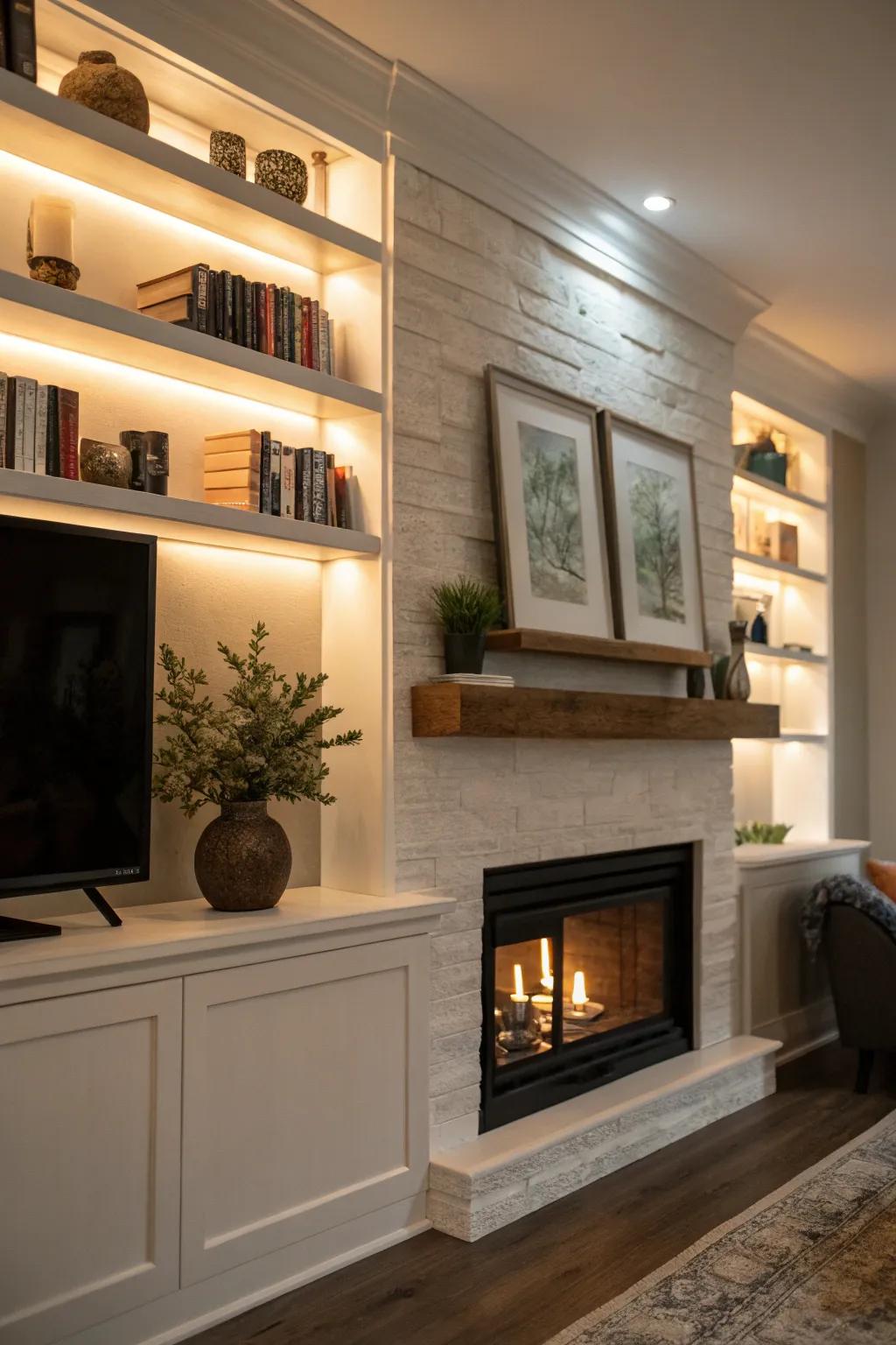 Floating shelves with lights showcase decor beautifully.