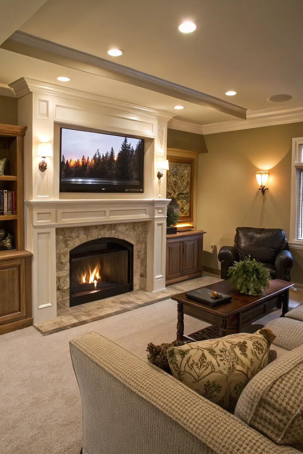A recessed TV area.