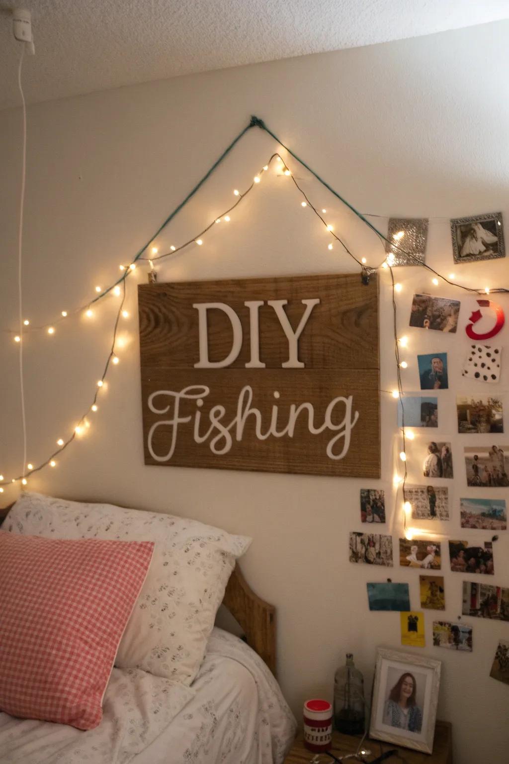 A handmade fishing sign adds a personalized and inventive touch to your decor.