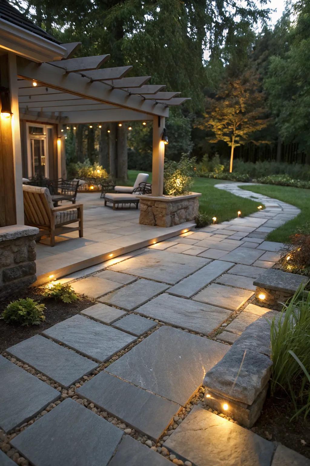 A beautifully lit flagstone patio for evening enjoyment.