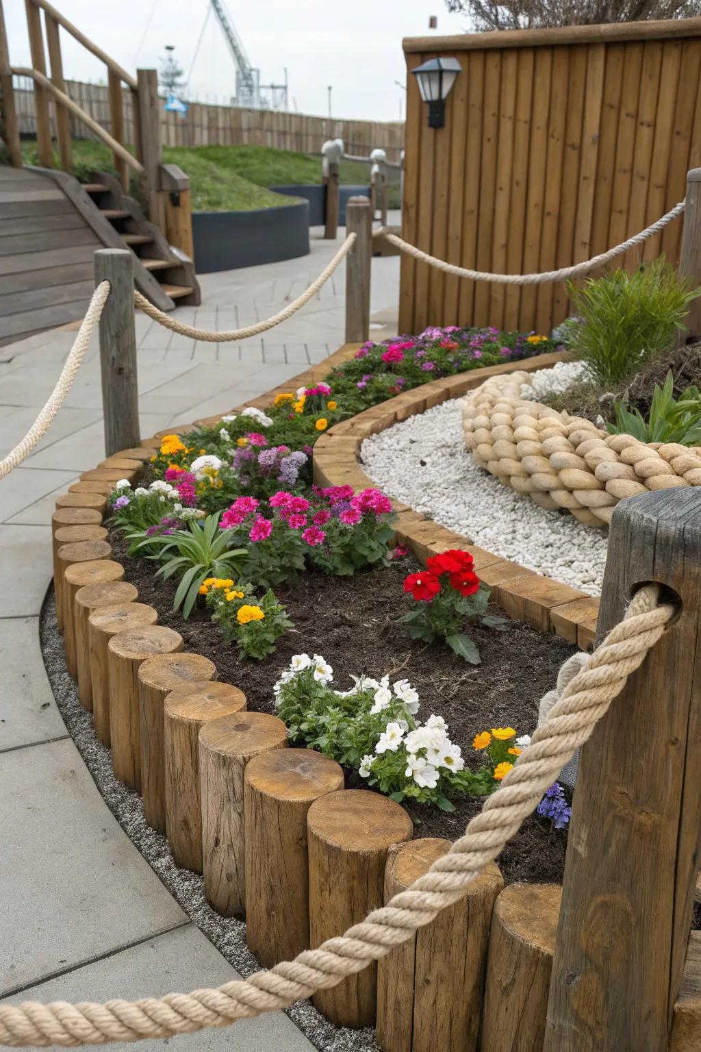 Rope and timber crafting a nautical-inspired flower bed border.