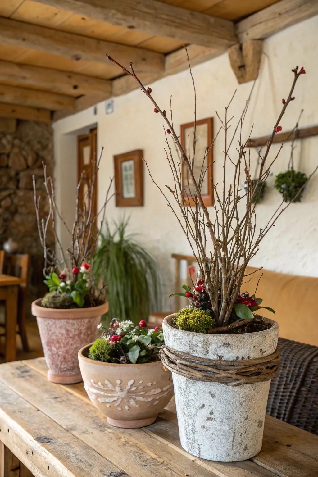 Twig-adorned flower containers bringing rustic charm indoors.