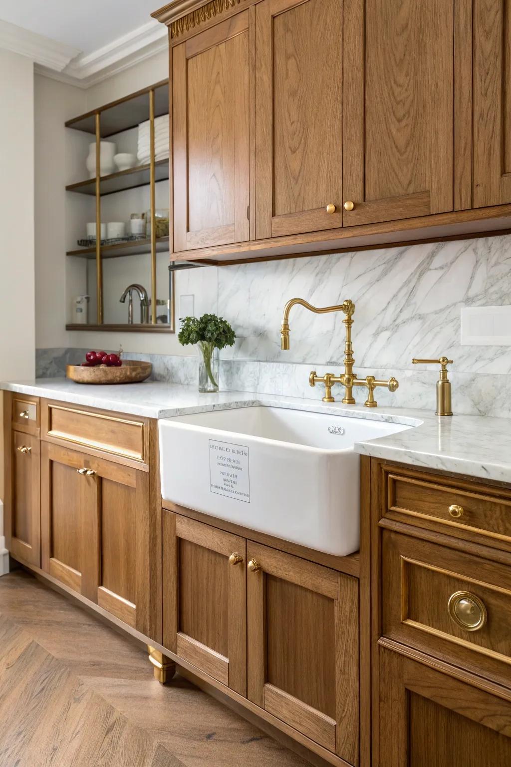 An elegant kitchen enhanced by brass details surrounding an unattached sink.