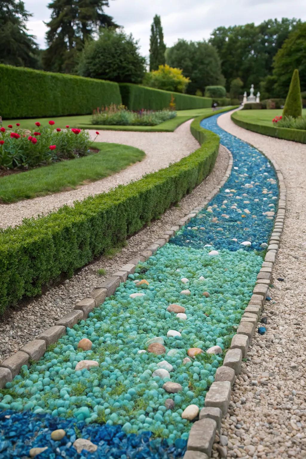 Vibrant gravel adding a splash of color to a drainage system in a garden path.