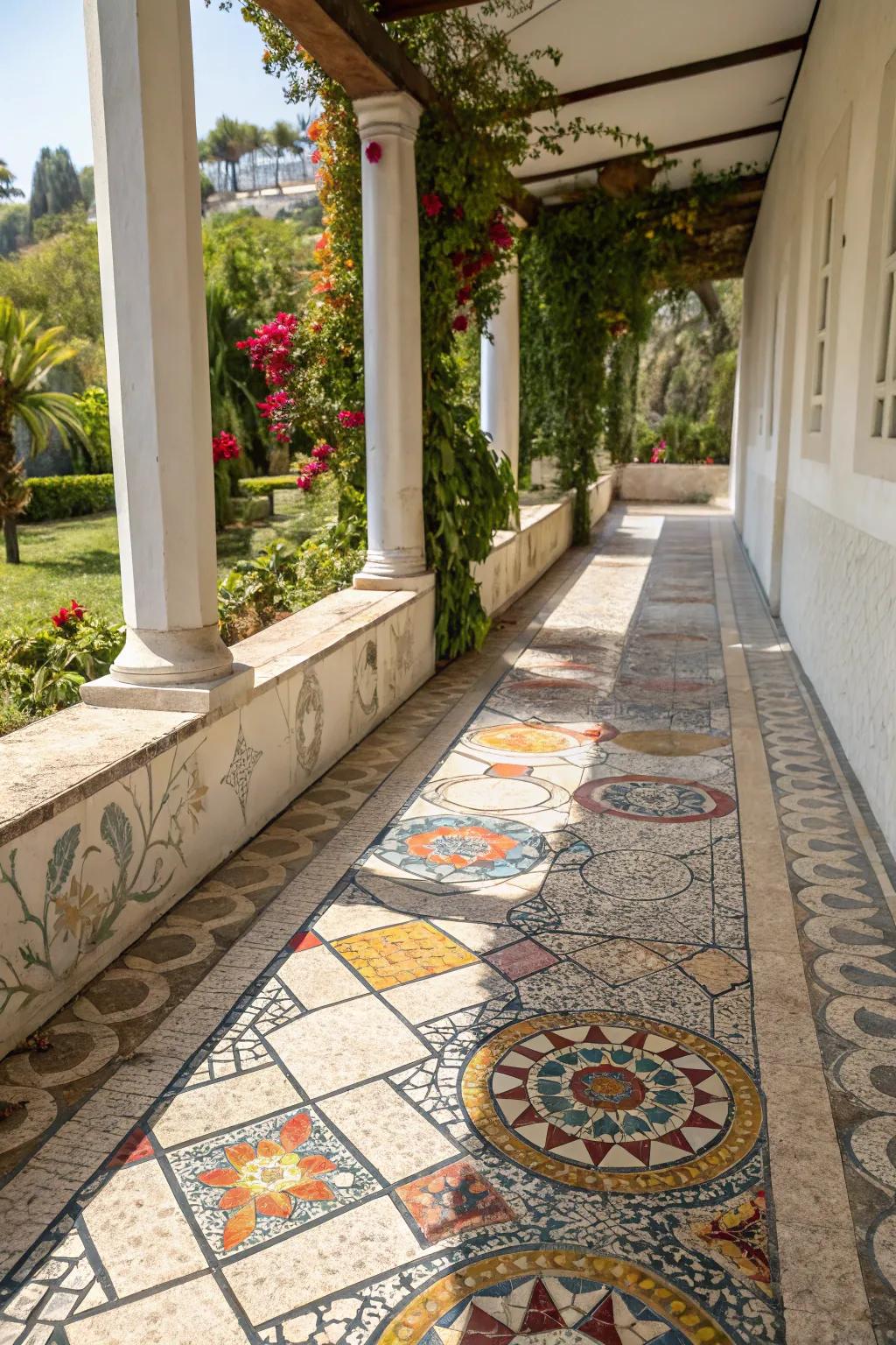 Mosaic tiles transform walkways into artistic expressions.