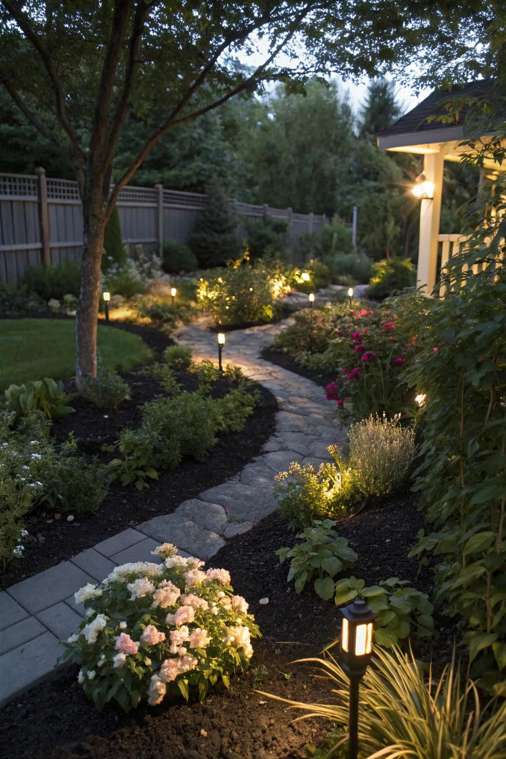 Lights and ground cover create a magical garden at night.