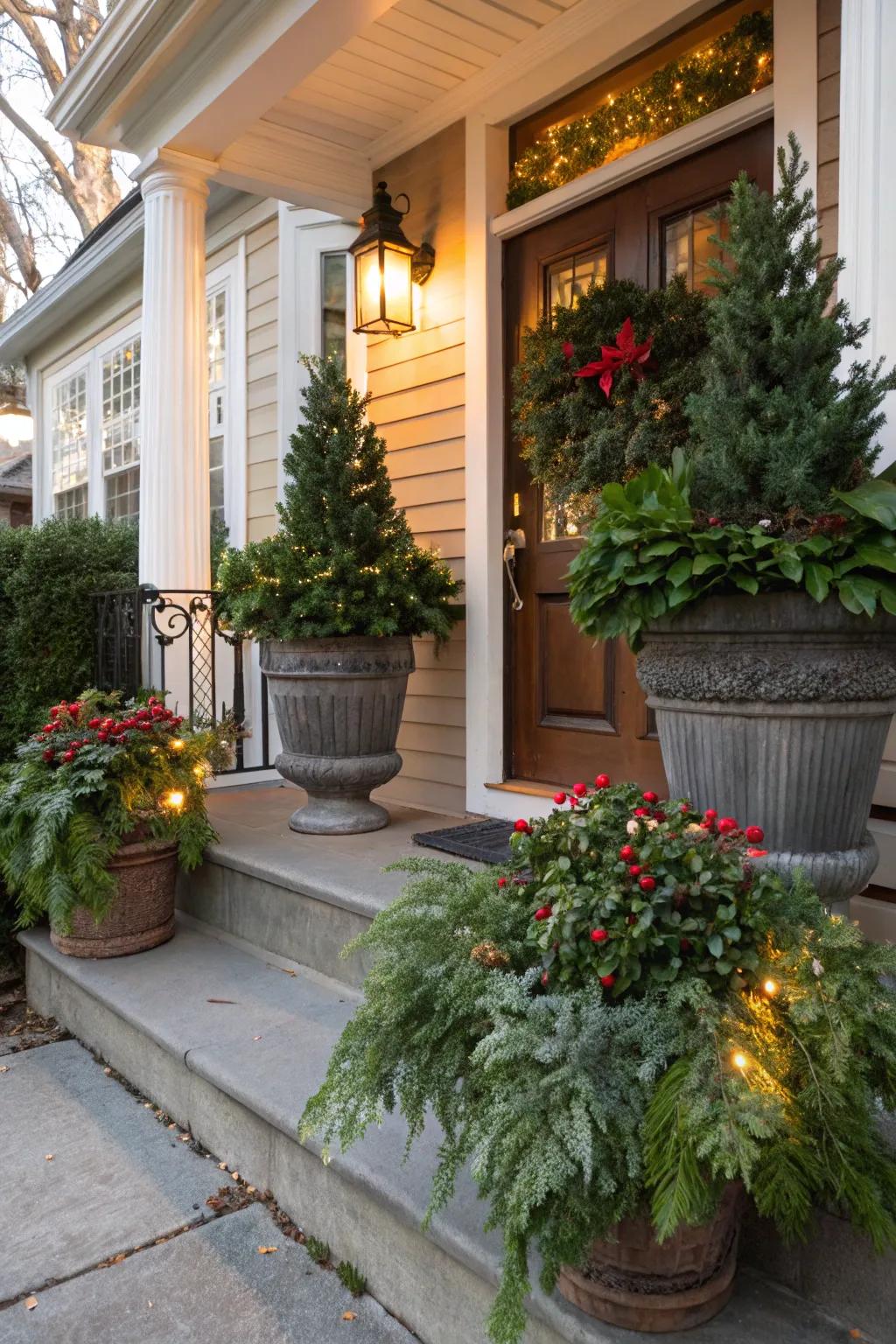 Container flora alongside winter vegetation infuses freshness into your porch.