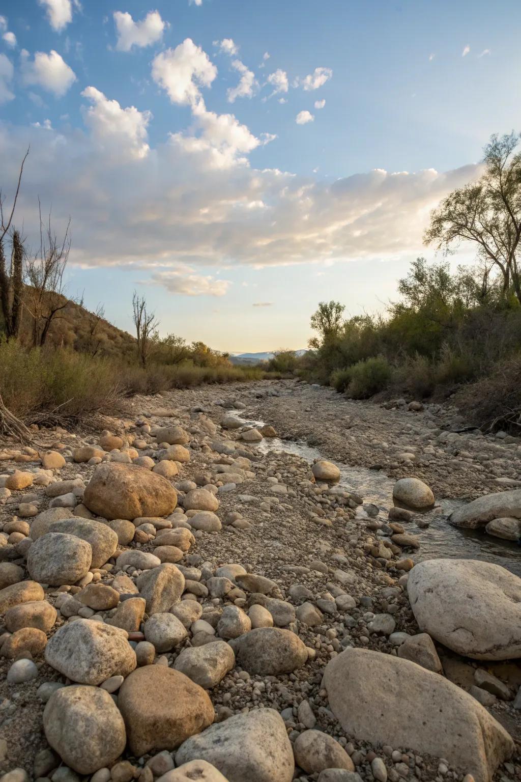 A rocky brook appearance brings a realistic, rugged texture to your streambed.