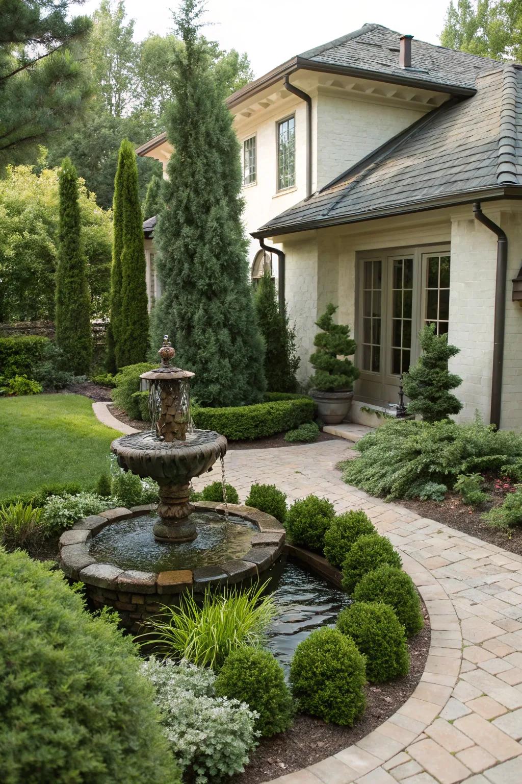 A water feature adds tranquility to the evergreen landscape.