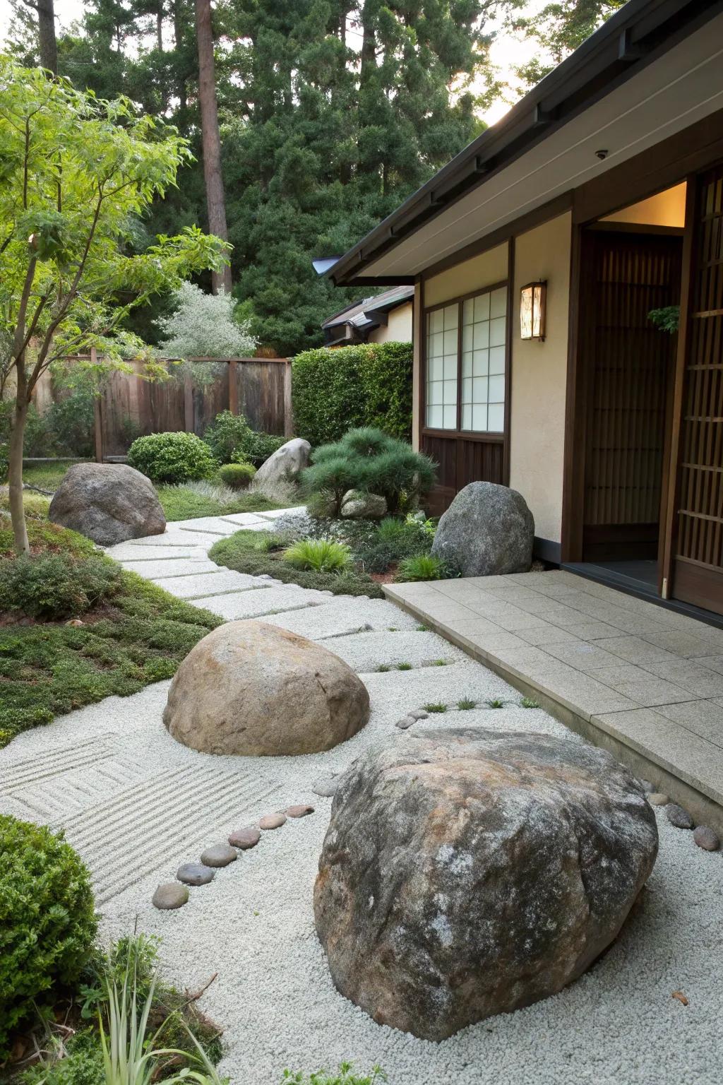 Discover peace in a Zen-inspired hideaway featuring sizable stones.