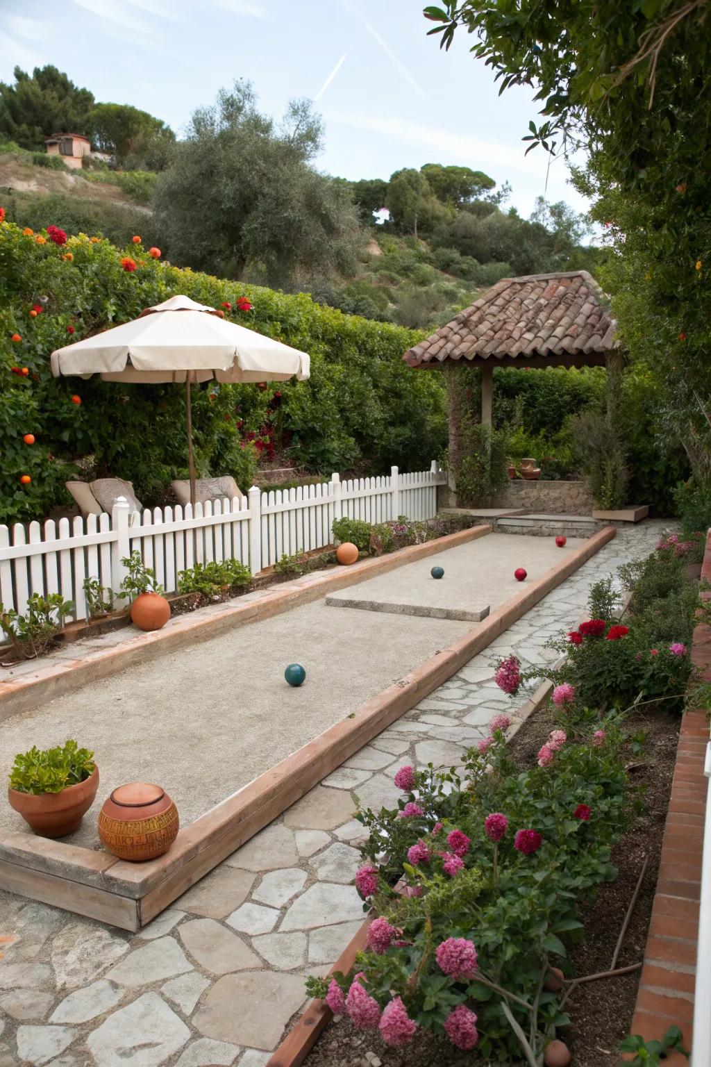 A lawn bowling area adds a playful and social element to this garden.