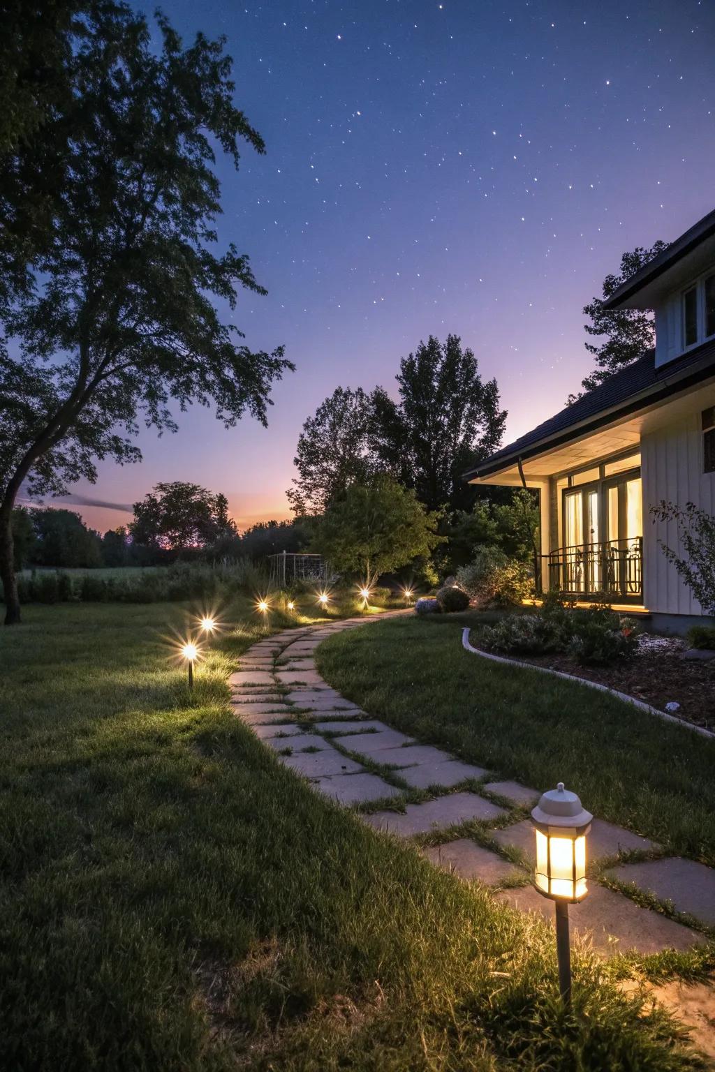 Lighting transforms the garden at night.
