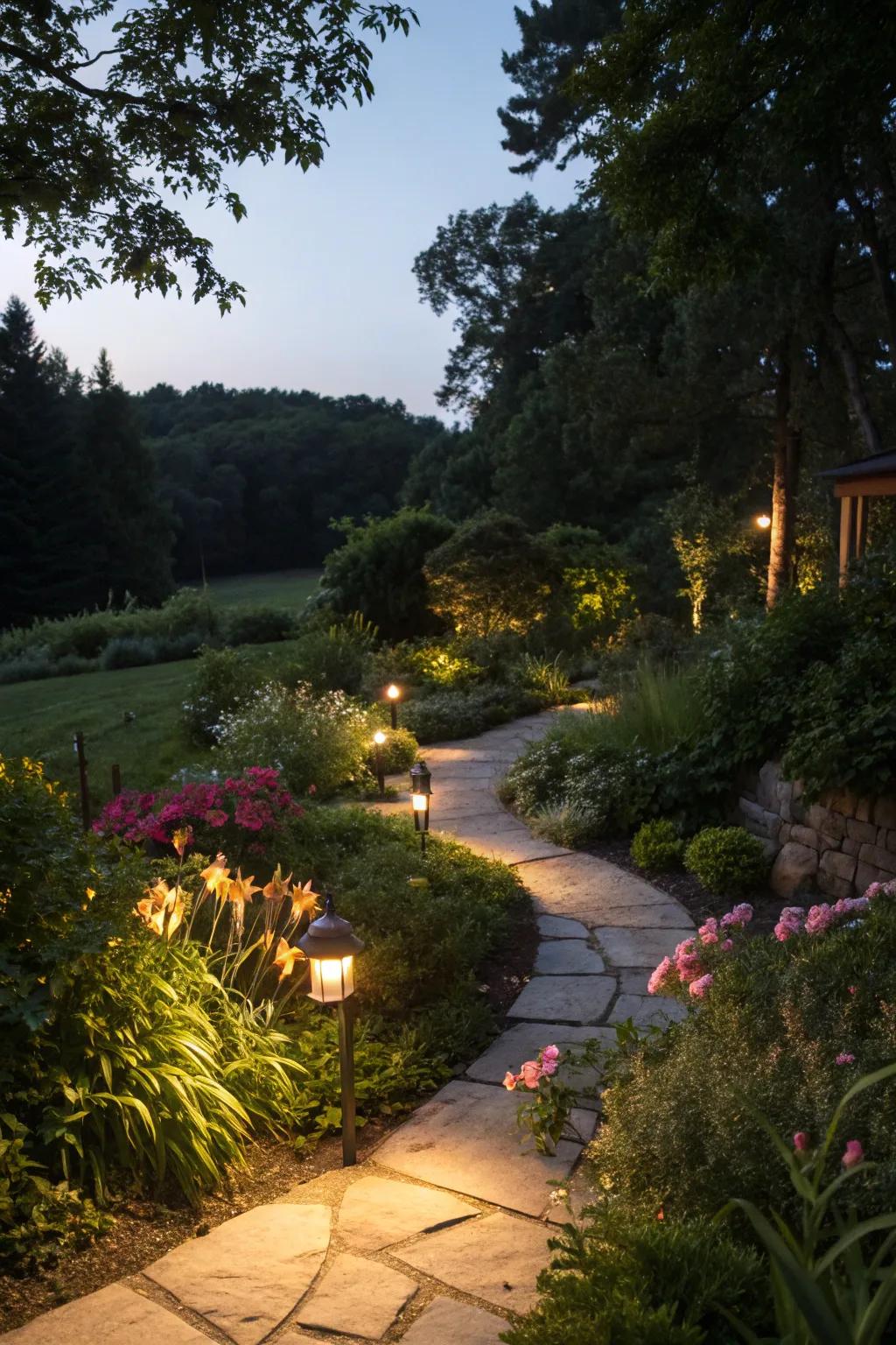 Garden lighting creates a magical atmosphere after dark.