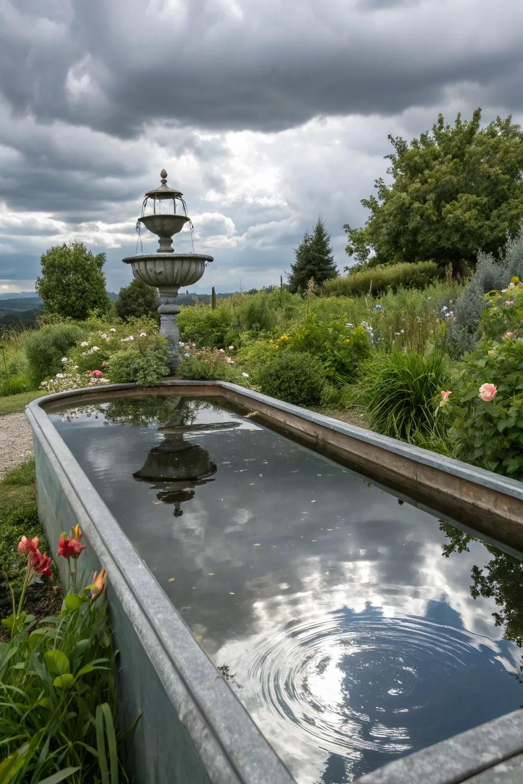 A reflective surface creates a mirror effect in a basin fountain.