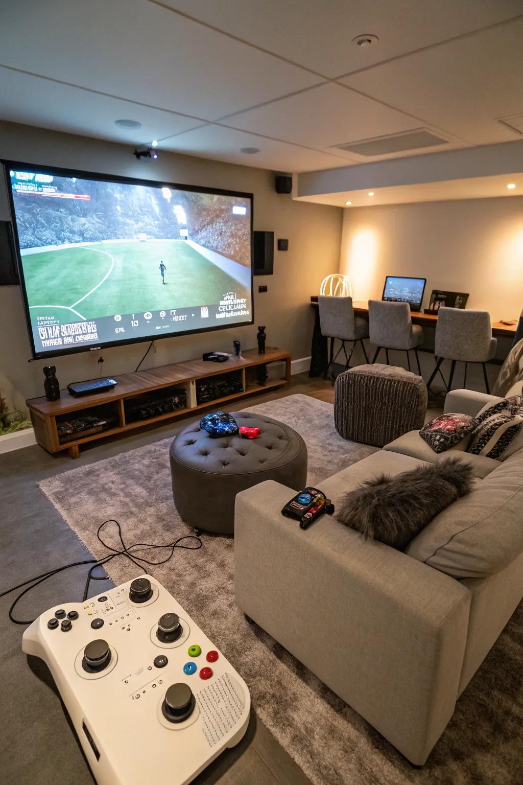 A projector provides an immersive, big-screen gaming experience.