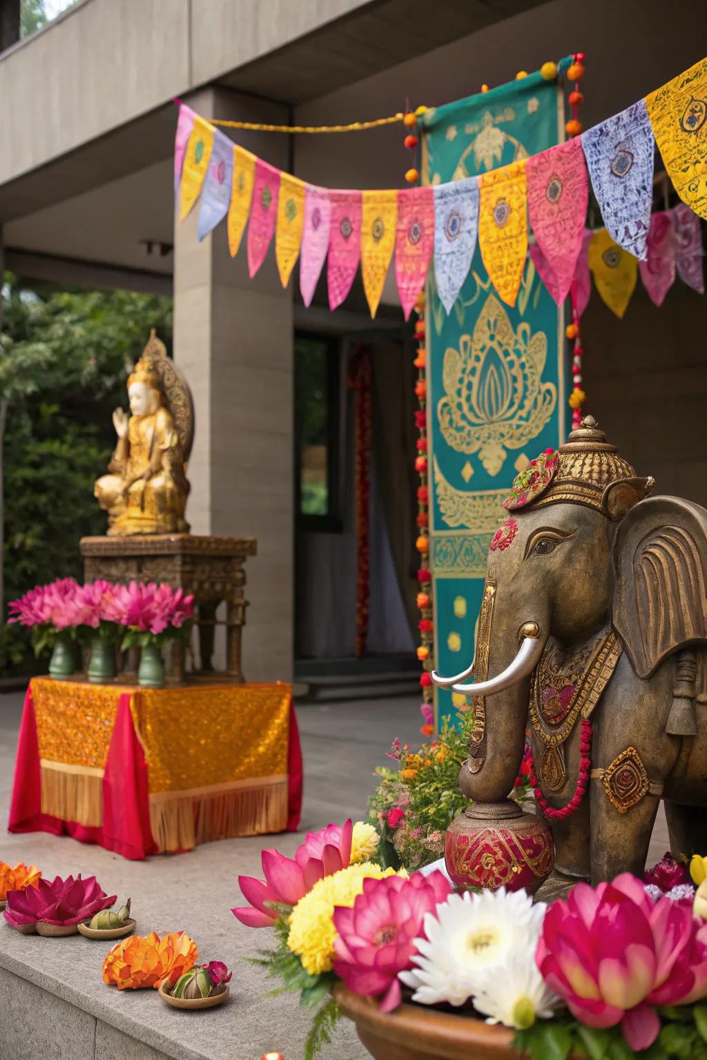 Traditional forms like elephants and lotus blossoms enriching the cultural vibe of the festival decor.