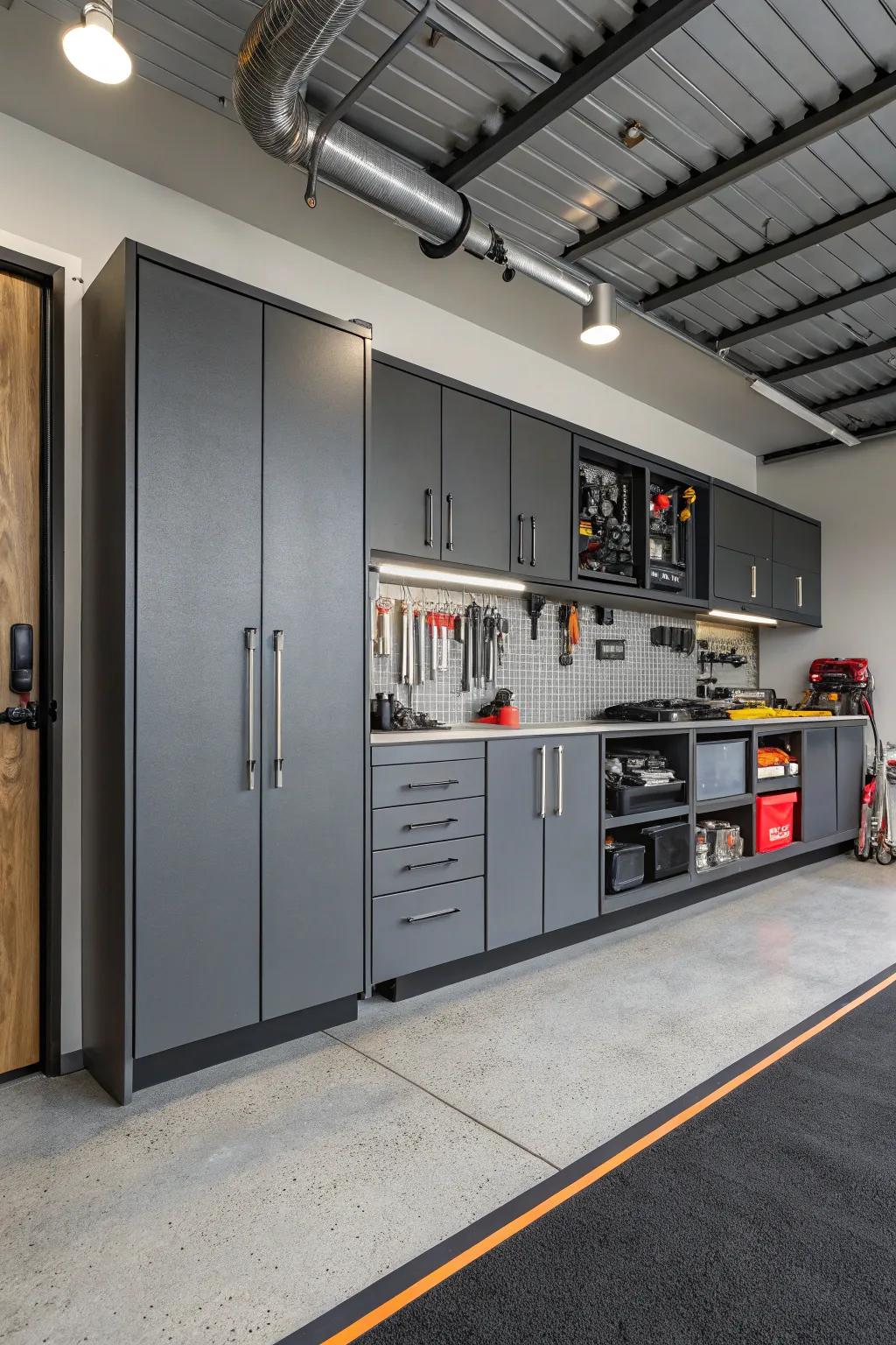 Slate gray cabinets deliver an industrial chic look.