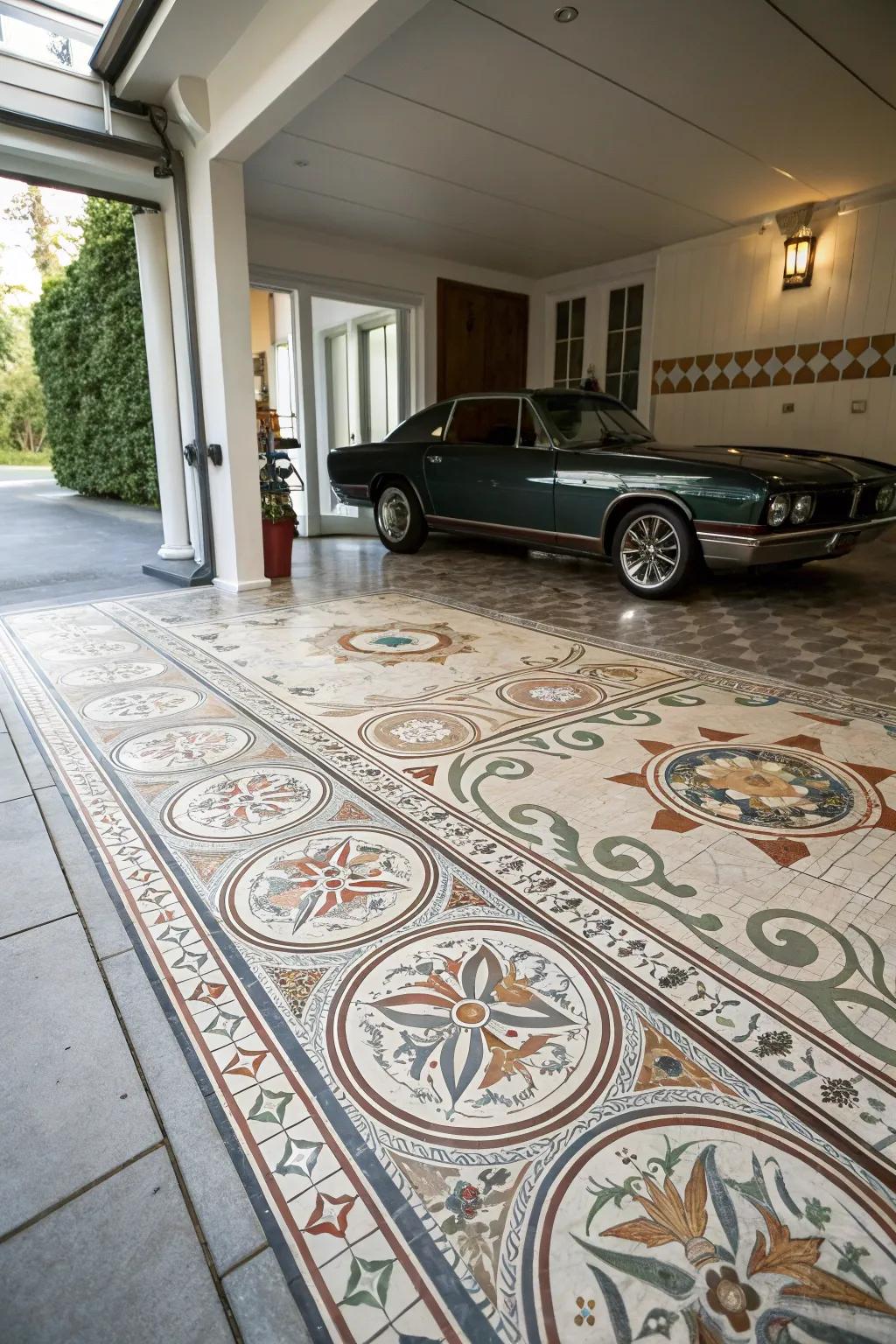 Artistic tile layouts transform your garage into a canvas.