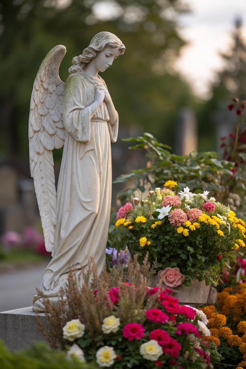 Angel statue nestled within fragrant flowers.