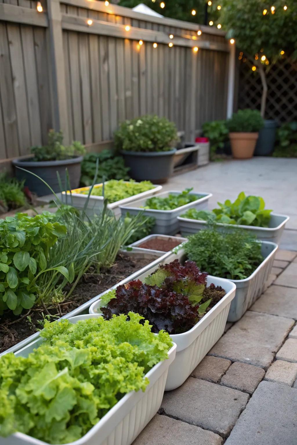 Shallow containers filled with fresh lettuce and herbs.