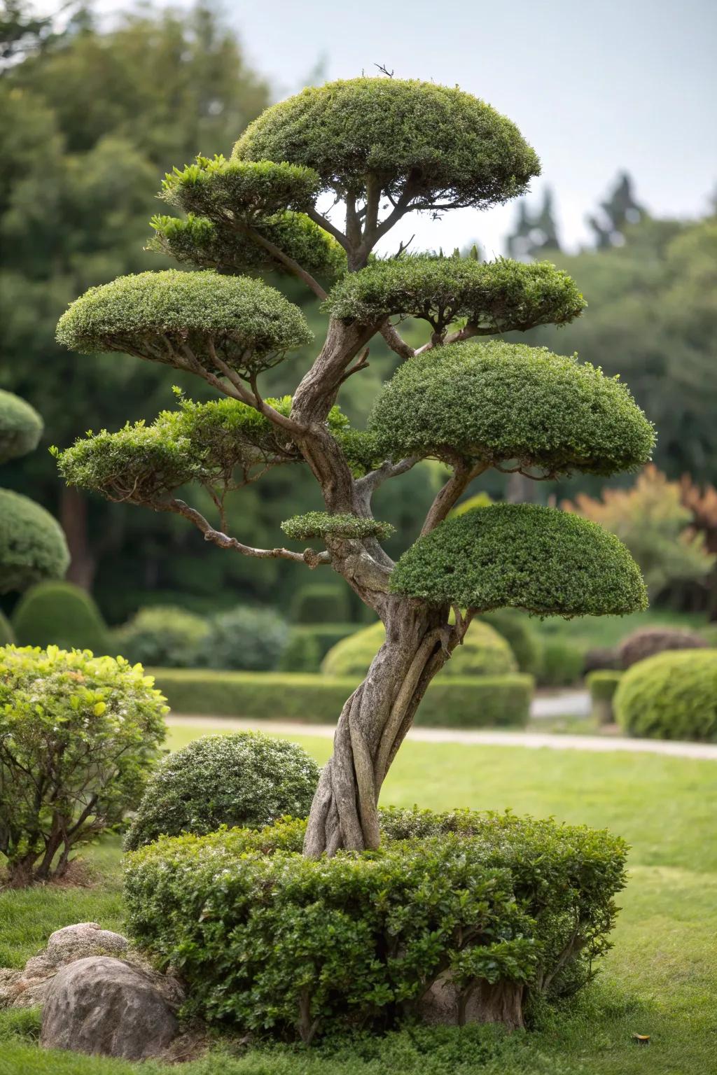 A garden tree shaped into a unique sculptural form.