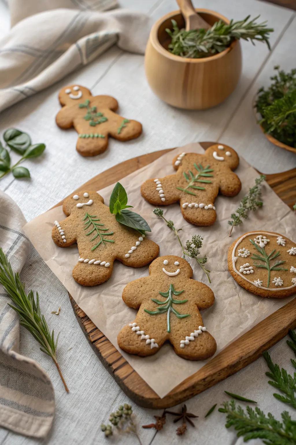 Herb-infused gingerbread characters offering a fresh take on holiday tastes.
