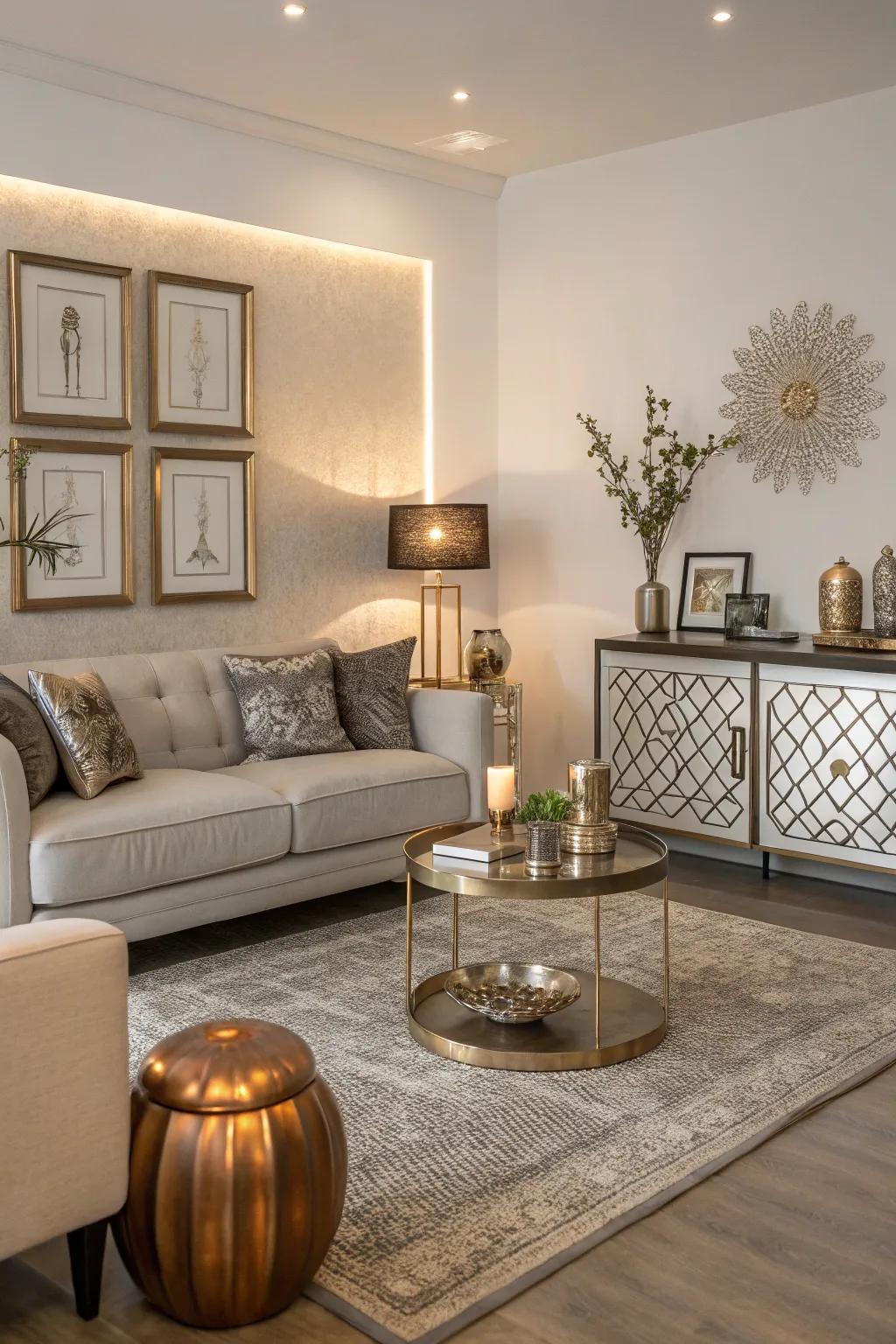 A modern living room with subtle metallic touches.