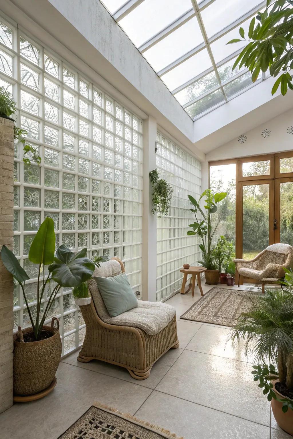 An eco-friendly home interior features glass block walls, making the most of natural light and improving energy use.