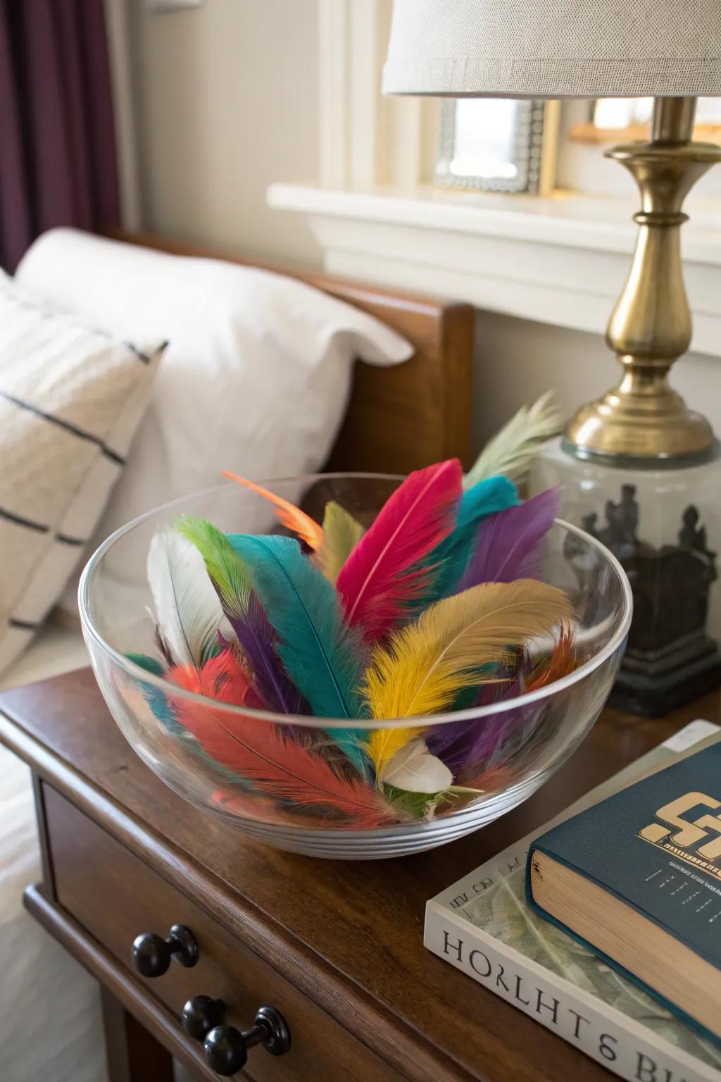 Whimsy and color through plumes in a glass bowl.