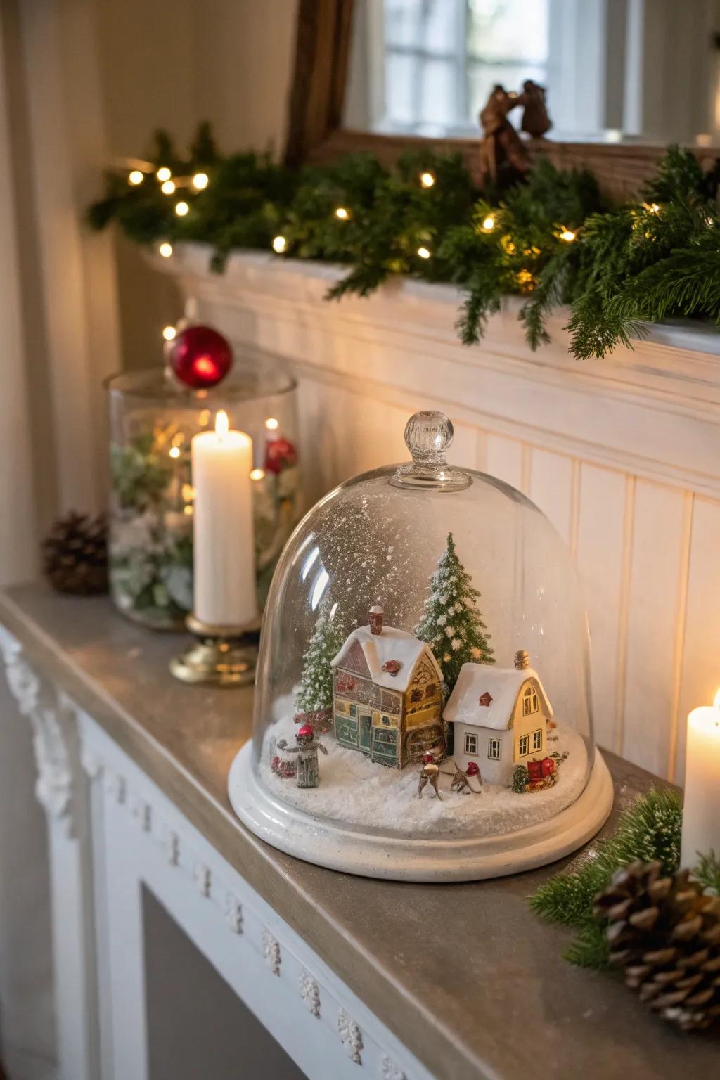 A whimsical winter scene with figurines under a glass cloche.