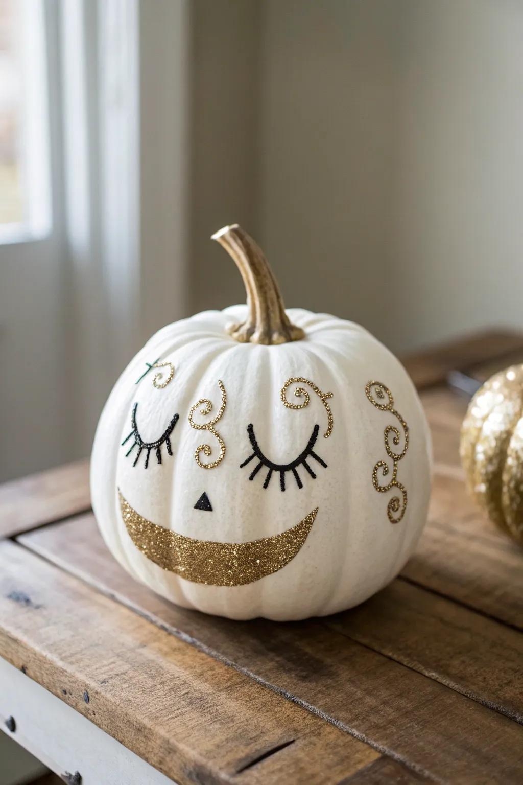 Add a touch of sparkle to your fall decor with a glitter-faced pumpkin!