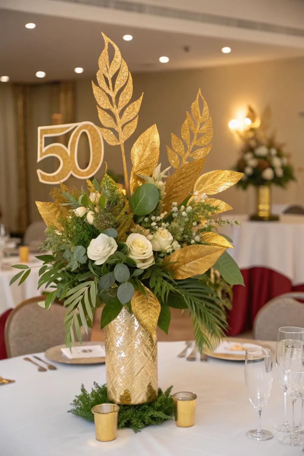 Floral decor with gold-painted leaves adds lush elegance to the tables.