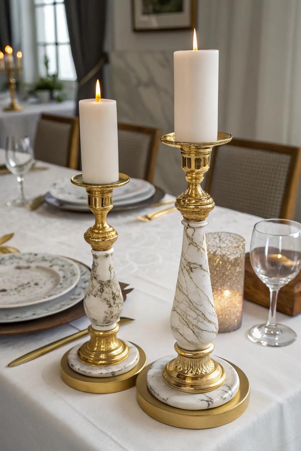 Elegant gilded and marble candle holders for a lavish touch.