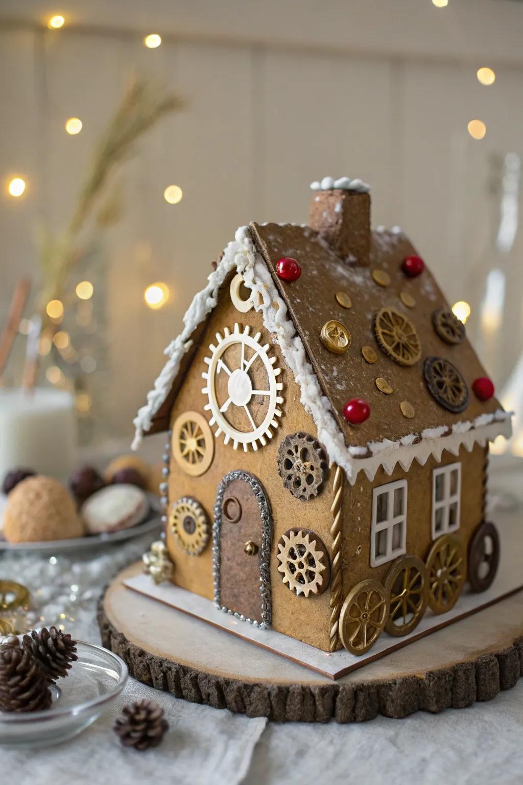 Steampunk confectionary house exhibiting a distinctive alteration.