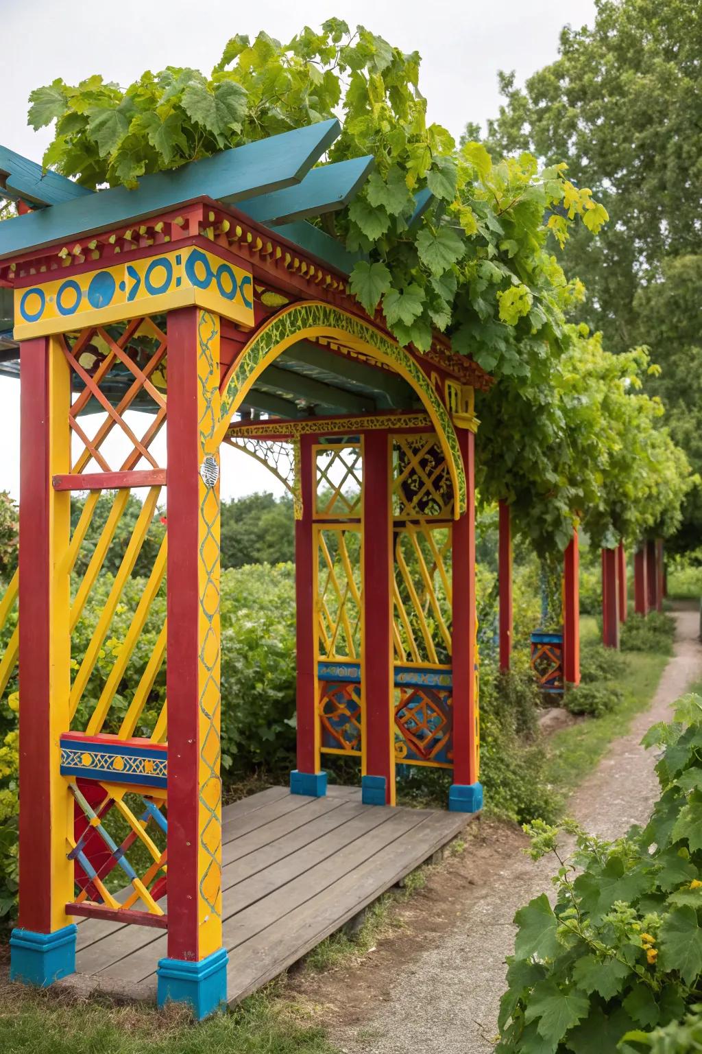 A brightly colored painted support adds a vibrant touch to the garden landscape.