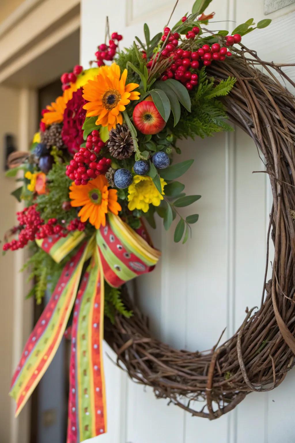 A party-themed grapevine wreath with vibrant colors.