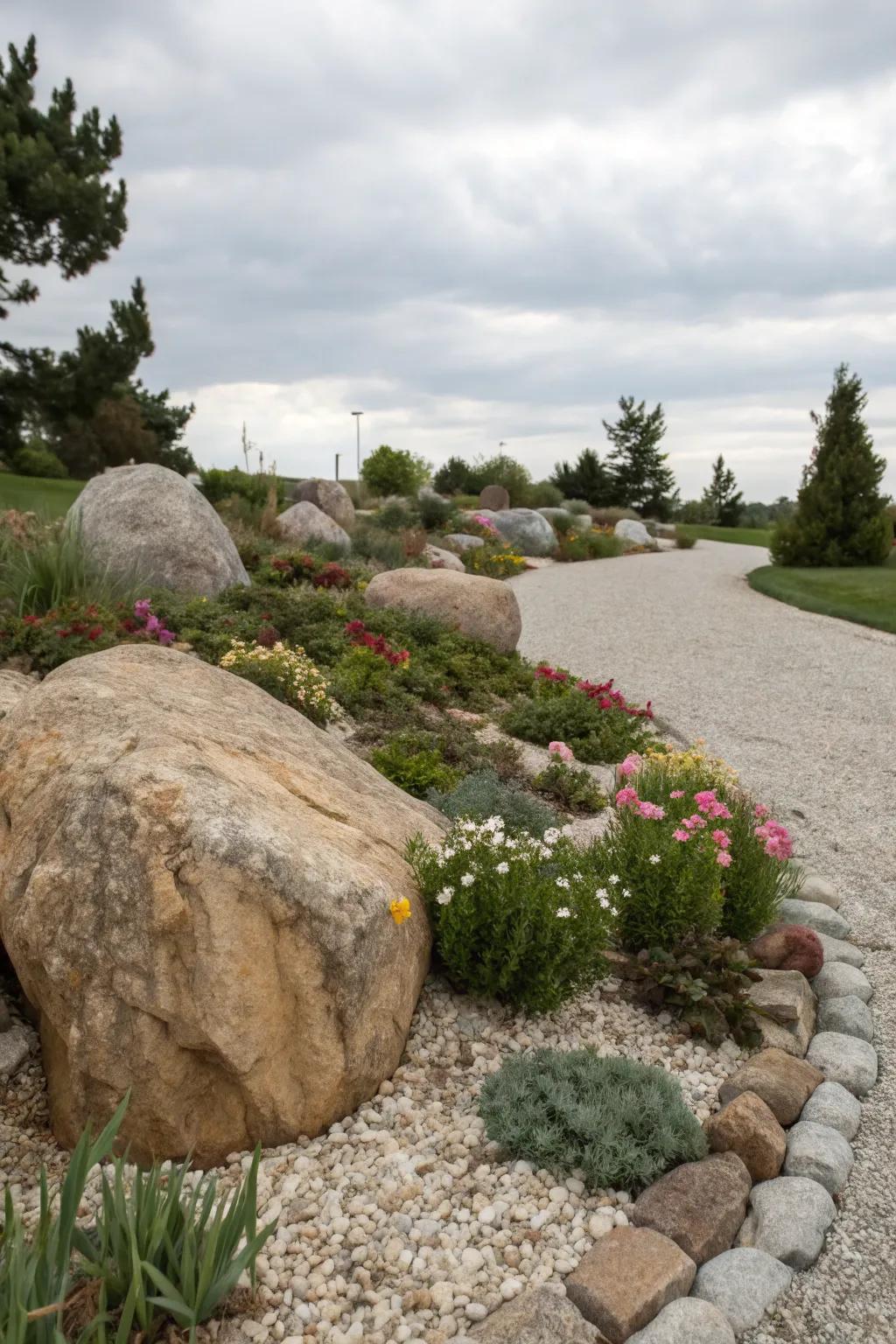 A dramatic stone flower bed featuring striking large stones